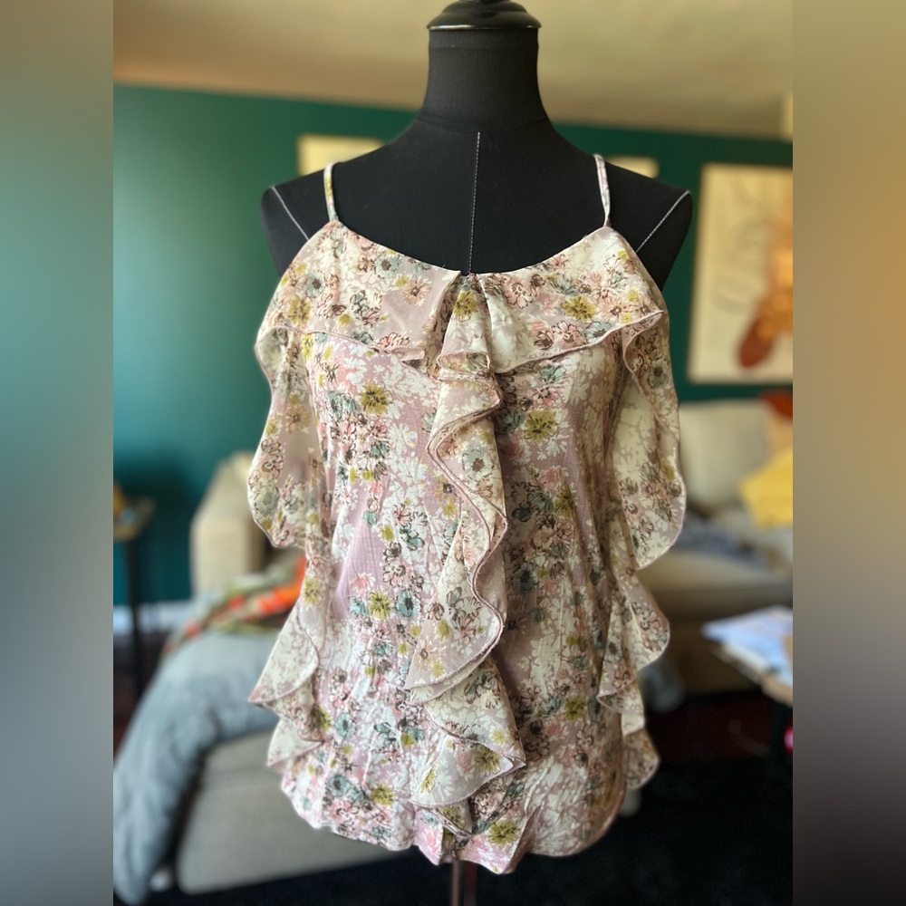 LC Lauren Conrad Pink Floral Ruffle Blouse
